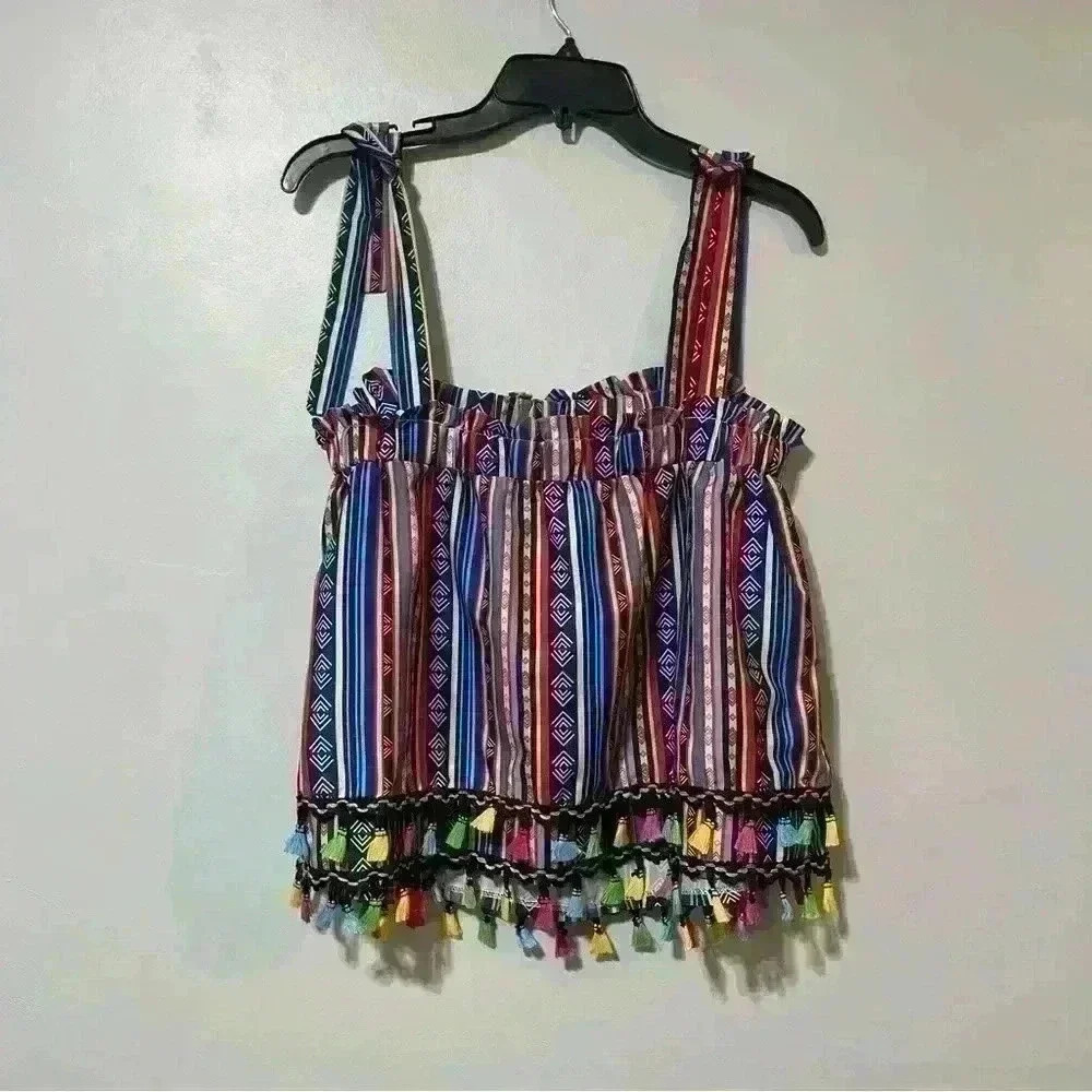 Shein Striped Print Fringe Trim Tie Shoulder Wide Strap Top Multicolor Size S - Picture 5 of 9